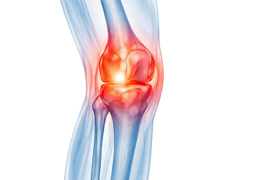 Human knee with transparent bones showing glowing joint inflammation and cartilage damage in detailed medical anatomy illustration isolated on white background