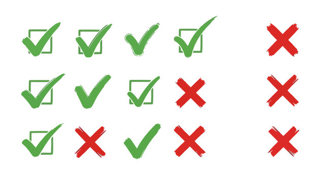 A collection of green checkmarks and red crosses arranged in rows and columns on a white background.