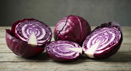 Fresh red cabbages, some halved, displayed on a rustic wooden surface
