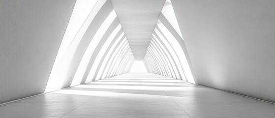 minimal white arched corridor with repeating ribs and bright vanishing point, soft diagonal shadow bands across the floor conveying calm futuristic serenity