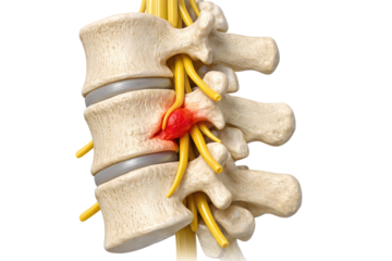 Human spine with detailed vertebrae showing herniated disc pressing spinal nerve and inflamed tissue in medical anatomy isolated on white background
