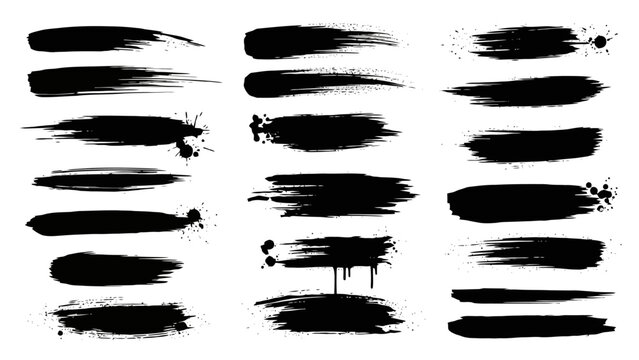 Collection of various black paint brush strokes and splatters on a white background, artistic design.