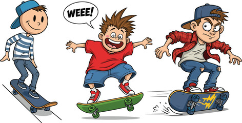 Funny cartoon skateboard boys riding and performing tricks, playful skater kids illustration with comic expressions, street culture sports vector design © shamima