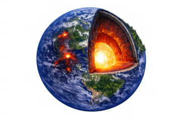 Earth's internal structure visible as a cross-section, revealing the core, mantle, and crust with active volcanoes erupting