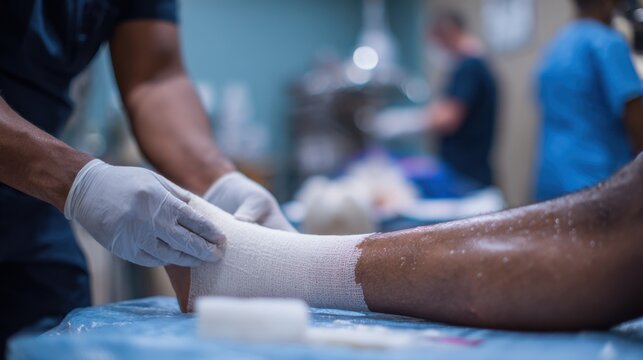 Focused view of a healthcare professional dressing a postsurgical wound on a patients leg in an outpatient wound care space background medical equipment out of focus.