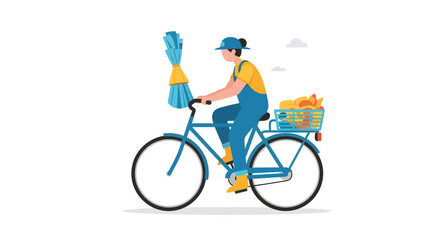 Fototapeta premium Delivery person riding bicycle with food basket and cleaning supplies in a urban setting