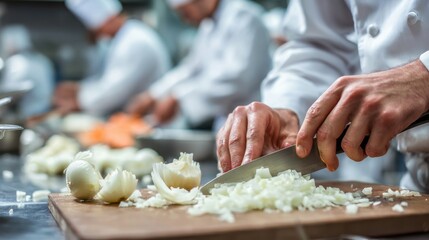 Restaurant staff demonstrating safe knife handling while dicing onions highlighting finger positioning and steady technique amidst a busy outoffocus kitchen.