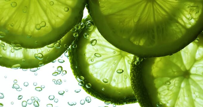 Lime Slices falling deeply under water. Shot on super slow motion camera 1000 fps.