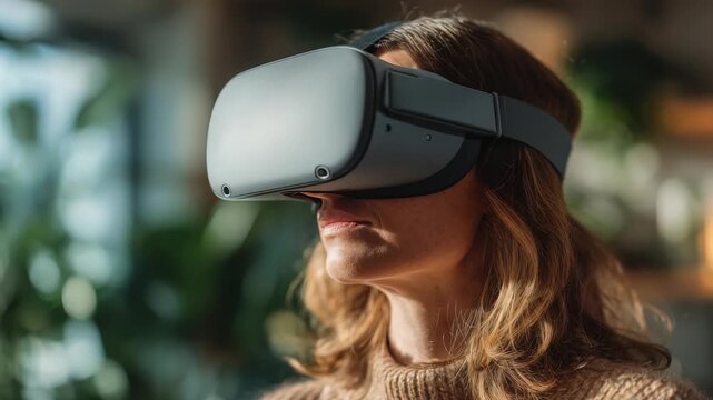 Woman wearing a virtual reality headset explores immersive digital experiences in a modern indoor environment. Advanced VR technology enhances interactive entertainment and learning