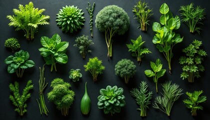 Various green plants arranged on dark background. Assortment includes leafy branches small bushes, unique shapes. Assortment makes graphic pattern. Natural design botanical element suitable for many