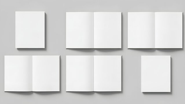 Collection of six blank white paper brochure mockups displaying various folding patterns isolated on a light background.