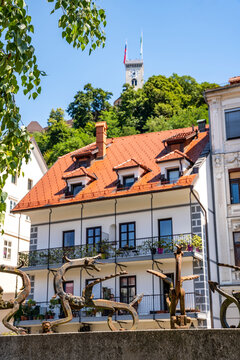 ecorative wrought iron railing shaped like a dragon along the Breg embankment, with Ljubljana Castle visible in the background, Ljubljana, Slovenia.