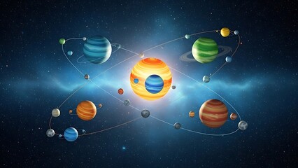 Stylized Solar System Model with Planets Orbiting Sun in Space Nebula