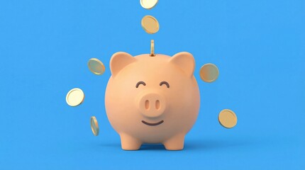 Joyful piggy bank surrounded by shiny coins minimalist scene studio setup bright blue background financial concept