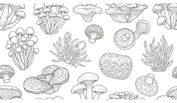 Asian medicinal mushrooms seamless pattern black and white vector