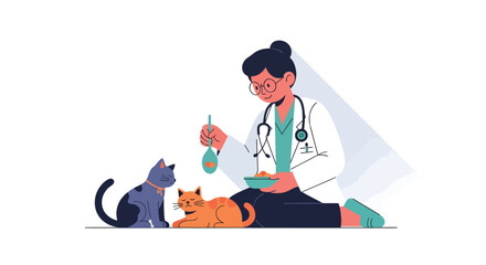 Veterinarian inspecting cats with a stethoscope in a clinical setting