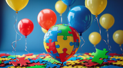 Vibrant puzzle ballon surrounded by colorful balloons and scattered pieces, world autism day