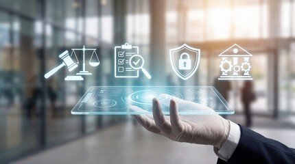 Digital business transformation legal and security solutions corporate office infographic display modern environment close-up view innovative concept