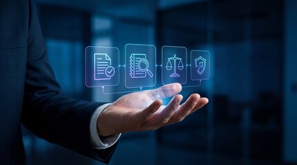 Closeup of a business hand presenting digital legal concepts corporate office digital art modern environment focused viewpoint innovation