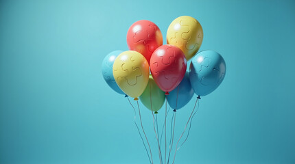 Vibrant puzzle balloons floating in air on blue background, world autism day