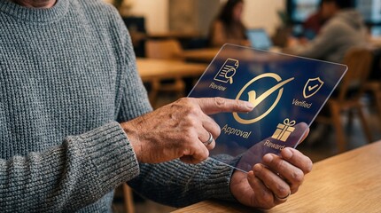 Digital approval process close-up of hand interacting with transparent screen in modern office environment