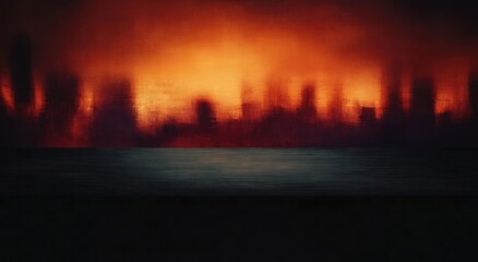 Blurry urban skyline silhouette over reflective water with a fiery orange sky and dark foreground, evoking a moody, ominous dusk atmosphere