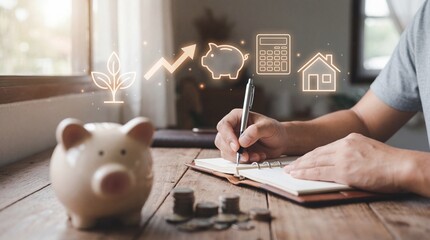 Closeup of a financial planner's notes home office business strategy cozy environment personal finance insights