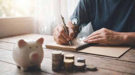 Closeup of a person budgeting finances home office image capture cozy setting overhead view personal finance management