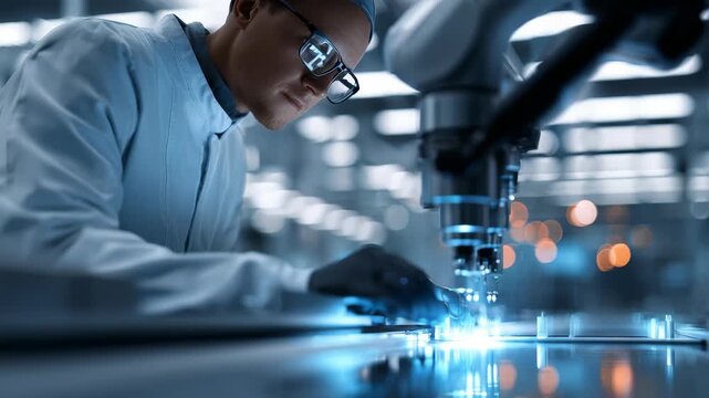 A scientist in a sterile lab coat operates advanced robotic machinery in a high tech laboratory environment. Precision engineering and innovation drive modern scientific research