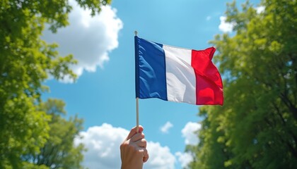 Hand holds french flag against blue sky. France national symbol waves in wind. Patriotism, love for motherland. French flag demonstration, human rights. Tourism and travel, explore new destinations.