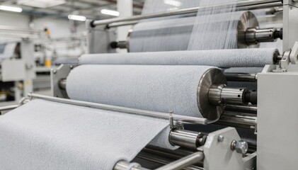 Medium shot of tubular knitted fabric being evenly tensioned and smoothly rolled onto large industrial spools in a modern textile manufacturing facility.