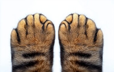 close-up of two striped tabby cat paws held side by side on a white background, soft fur and tiny toe pads, cozy playful and affectionate mood