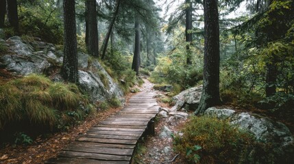 Serene forest pathway amidst dense evergreen trees and rocky landscape.