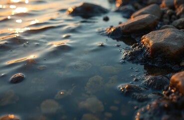 Shoreline water pollution visible. Oil slick covers rocks, water surface. Toxic waste pollutes ocean. Eco disaster. Dirty seashore. Marine habitat damage. Crude leak harms nature. Water contamination