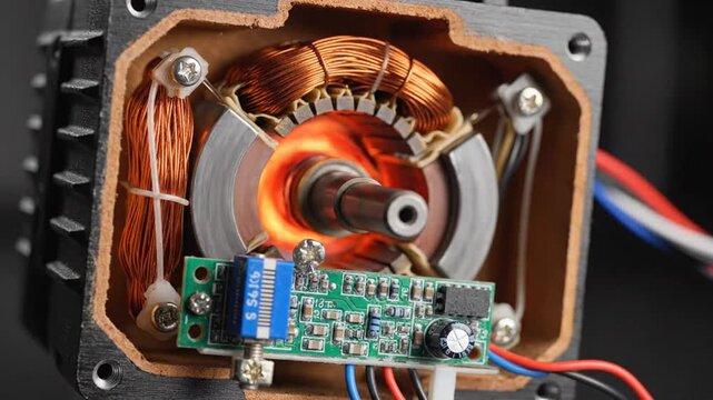 Cross-section of a compact electronic actuator copper windings, rotor, PCB, and wiring and sensors
