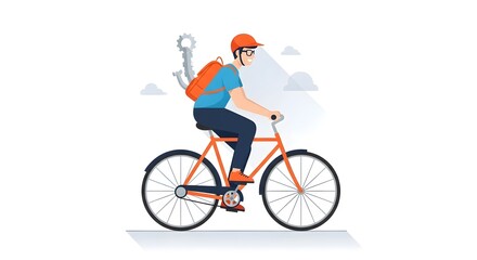 A cyclist rides an orange bicycle with a backpack and helmet on a plain white background