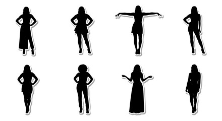 Fototapeta premium A captivating collection of diverse female silhouettes, each striking a unique pose, isolated on a clean white background, perfect for various design projects.
