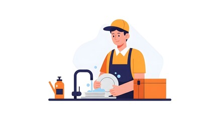 A person washing dishes in a kitchen with cleaning supplies nearby