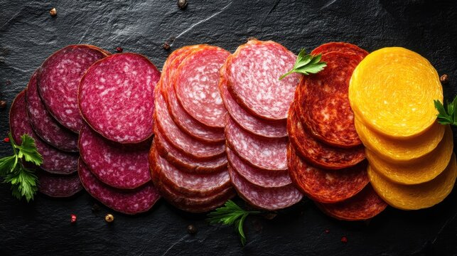 Variety of sliced cold cuts and cheeses on dark slate background.