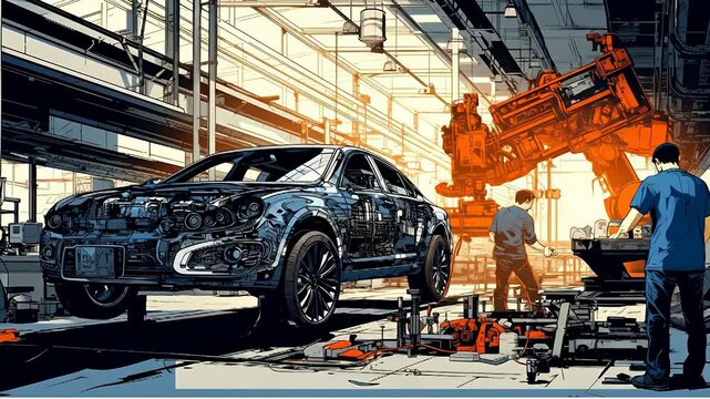 Workers build a car in a factory setting. Two workers assemble a car in a factory. Machines operate around them as they complete tasks on the vehicle.