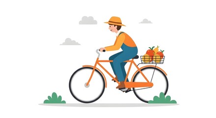 Farmer riding a bicycle with a basket full of fresh produce and colorful fruits, signifying healthy lifestyle and organic farming