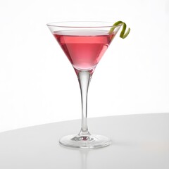 Pink Cocktail in Martini Glass with Lime Twist Garnish on White Table