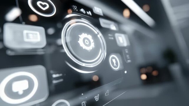 Futuristic digital interface with holographic dashboard elements and interactive icons displayed on a transparent screen. Modern technology concept for innovation and user experience