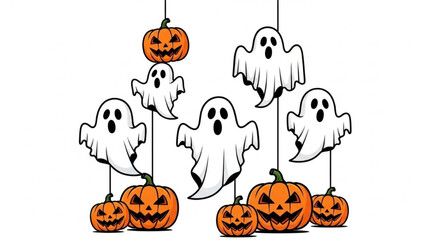 Ghostly figures suspended amidst Halloween decorations in a festive and eerie atmosphere viewed from a straightforward perspective