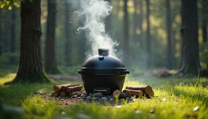 Black kamado grill outdoor in forest. Thick white smoke rises from grill. Wood logs near grill on green grass. Concept of cooking BBQ in nature