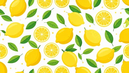 Seamless pattern of fresh yellow lemons, slices, and green leaves on white background.