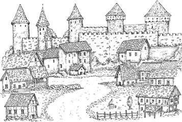 Naklejka premium Medieval castle or old city in monochrome color. Sketch urban panoramic vector illustration. Hand drawn vintage style.