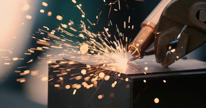 Laser welding machine. Shot on super slow motion camera 1000 fps. Laser welding is shown in close-up