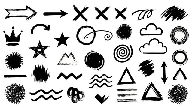 A collection of hand-drawn black graphic elements and symbols on a white background, including arrows, crosses, scribbles, clouds, stars, and geometric shapes.