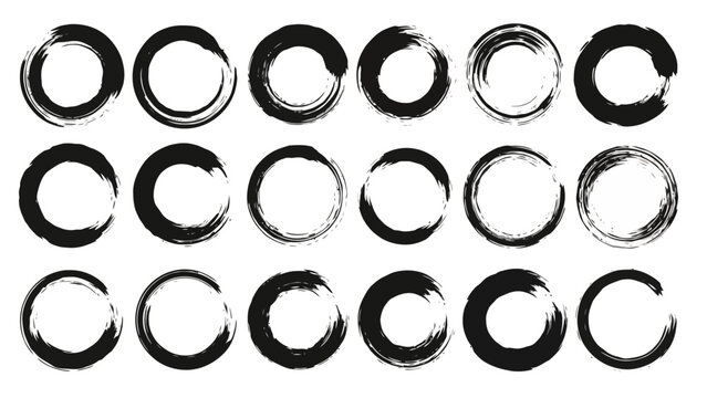 A collection of 20 hand-drawn, imperfect black ink circles with a brushstroke texture, arranged in three rows on a white background.
